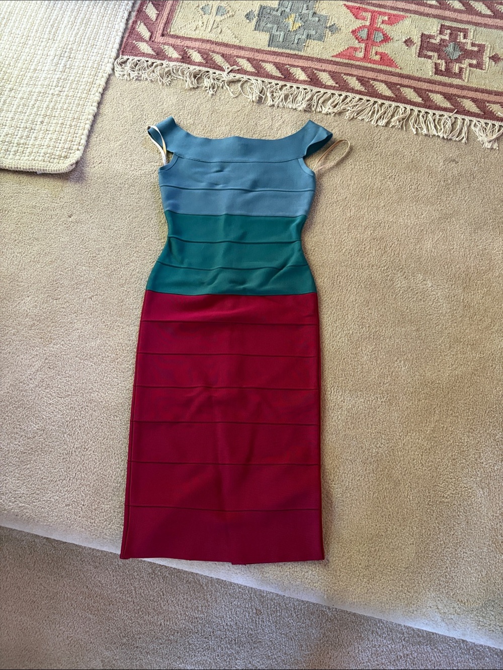 Herve Leger - Colorblock Cap-Sleeve Sheath Dress - Blue Green Wine